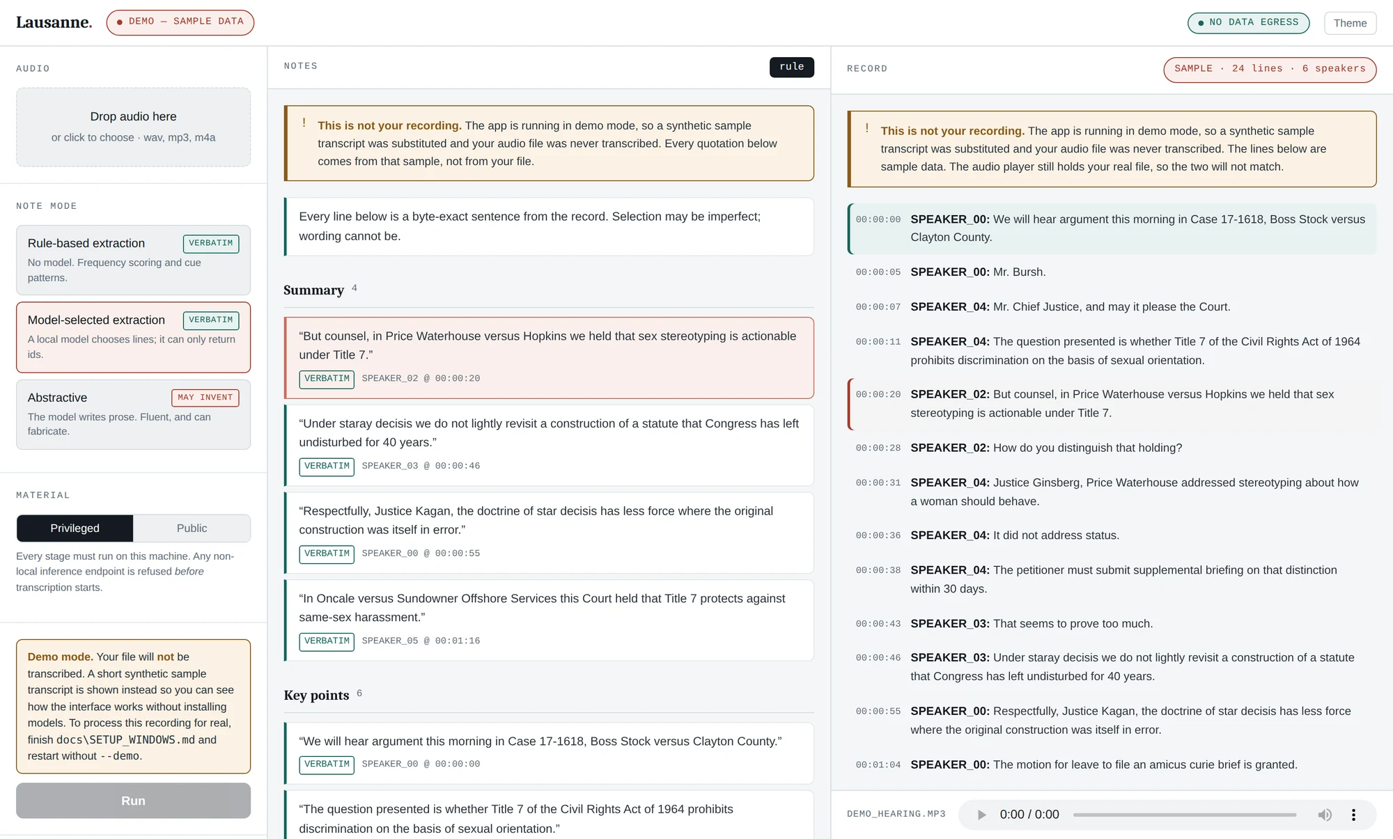 The app in demo mode: note modes on the left, verbatim notes with speaker and timestamp citations in the middle, and the transcript on the right with the cited line highlighted.