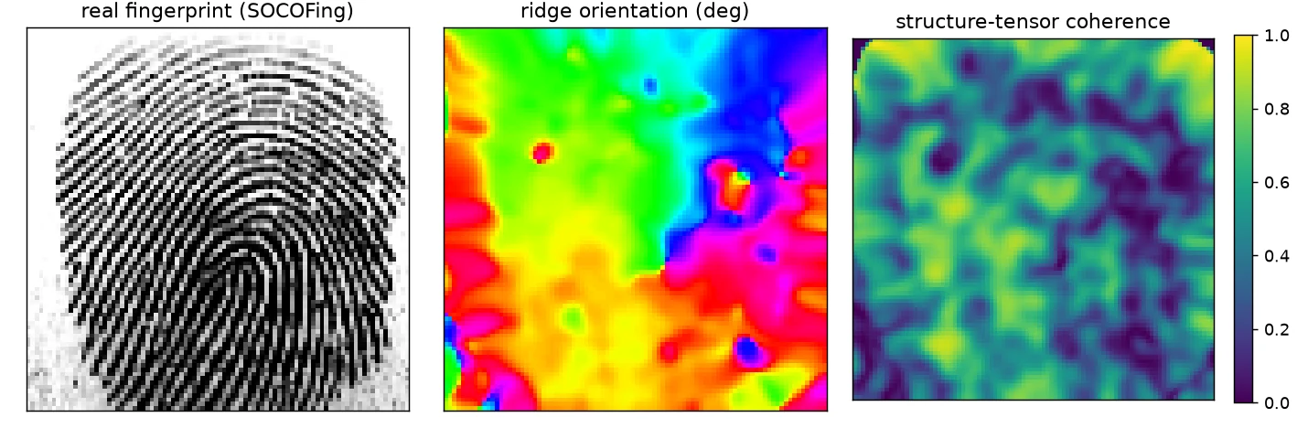 A real fingerprint from SOCOFing, its ridge orientation map and its structure-tensor coherence map.